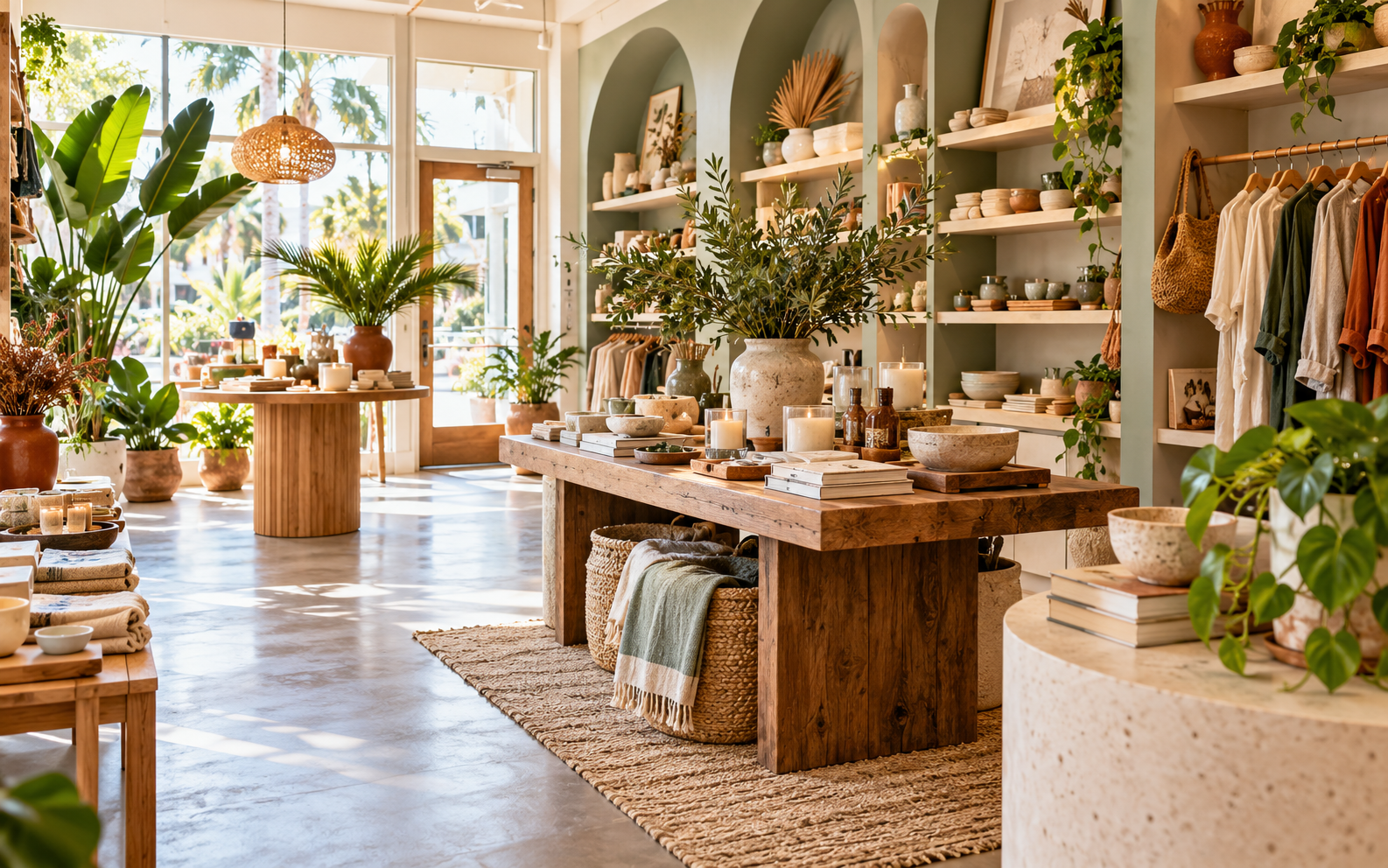 Sunlit boutique with plants, artisan goods, and warm natural materials